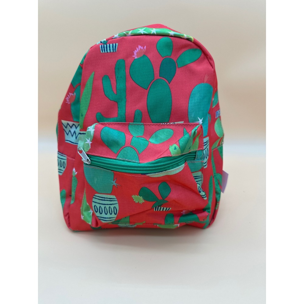 Kids Red Cactus Print Mini Backpack Canvas School Travel Bag Green Straps